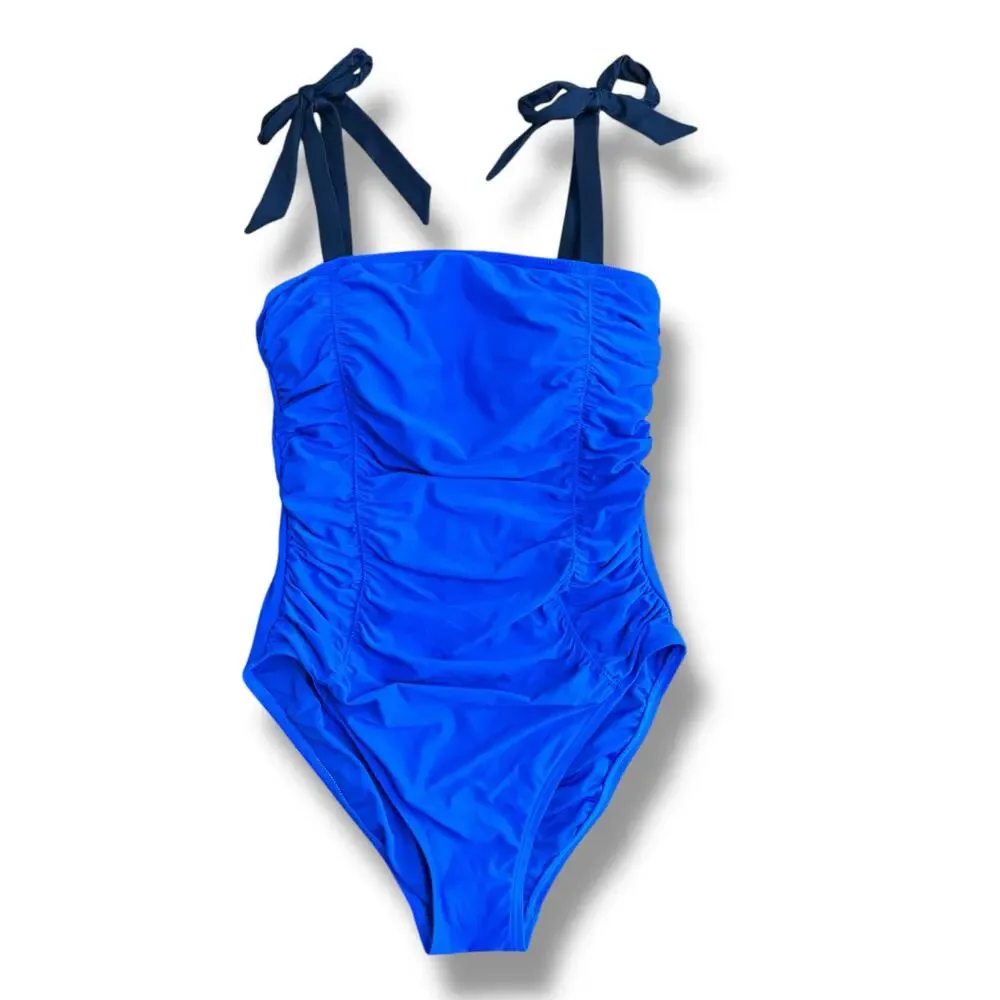 Kate Spade One Piece Swimsuit Women’s 6 Blue Black Tie Straps Ruched Padded Cups